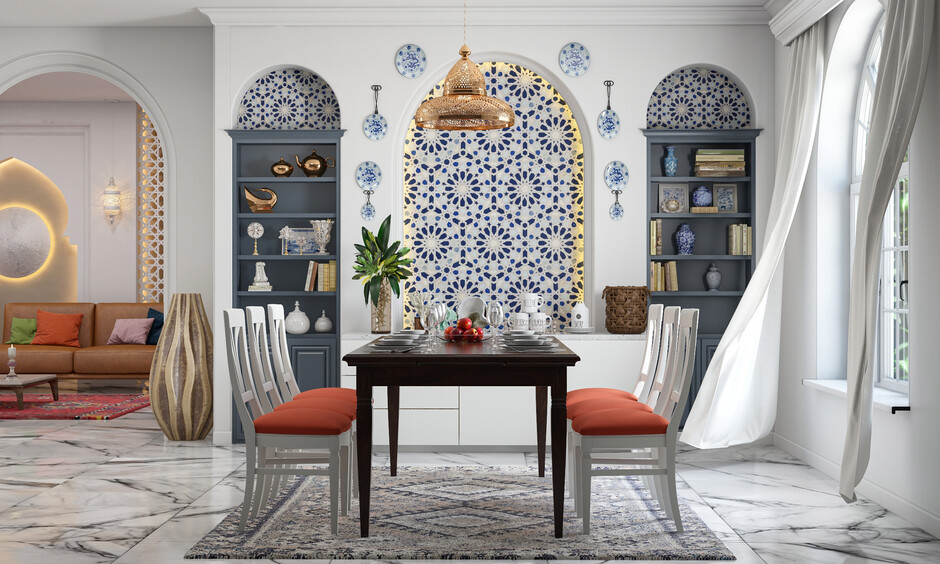 Dining room with blue and white mirror mosaic tiles