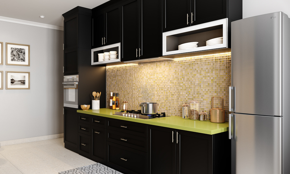 Double T-bar modern cabinet handles in a classic black and white-themed kitchen
