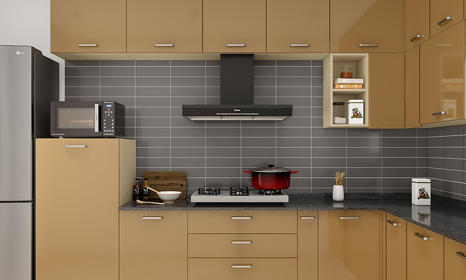 Grey colour wall tiles exude a contemporary look that complements the elegance of marble flooring
