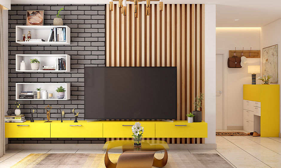 Half-n-half brick cladding tiles with wooden bars add depth to the space