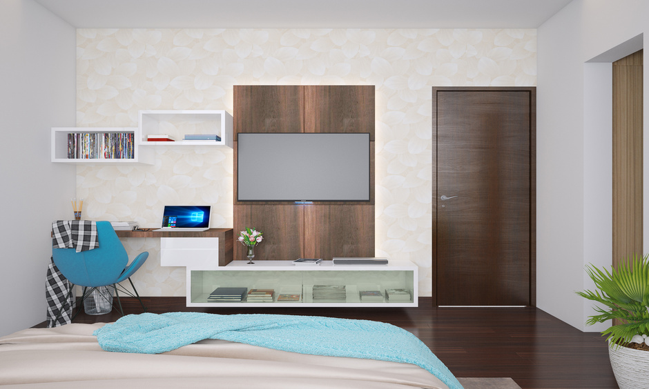 Horizontal bedroom cabinet design which is wall mounted
