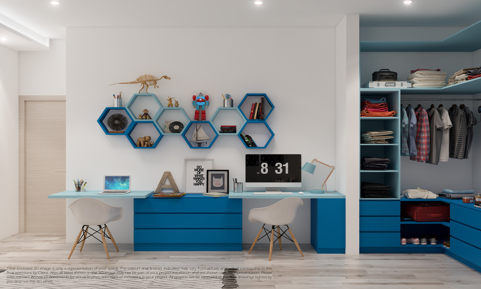 Open wardrobe cabinet design for a large bedroom in l-shape