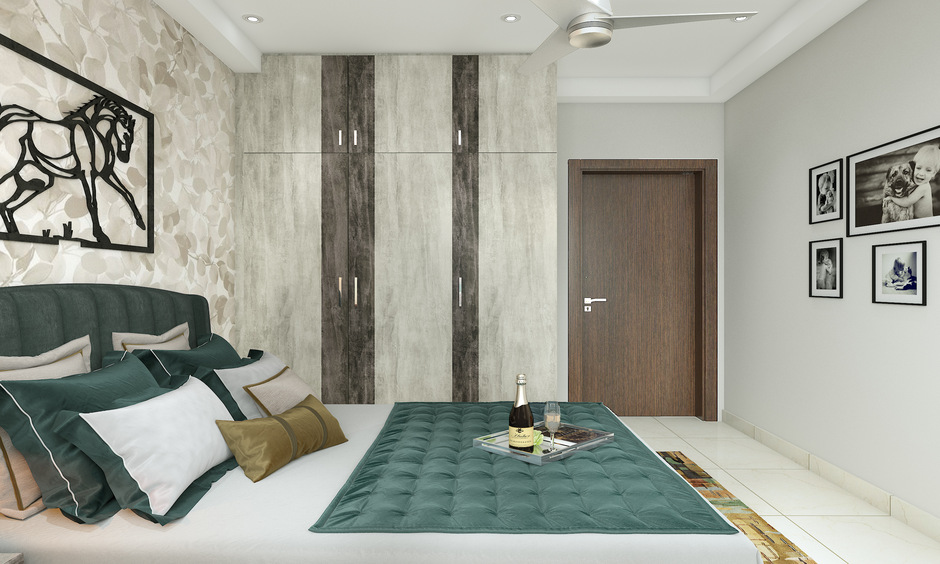 Luxury bedroom interior with emerald, rust, and mustard pops creates an inviting atmosphere