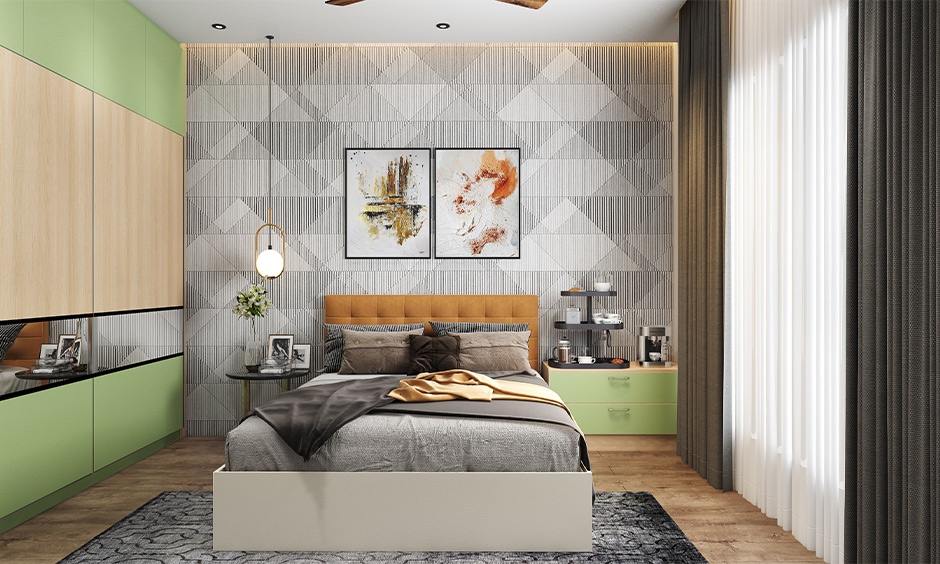 Mini coffee bar idea on the bedside table lends luxury to a breakfast-in-bed experience