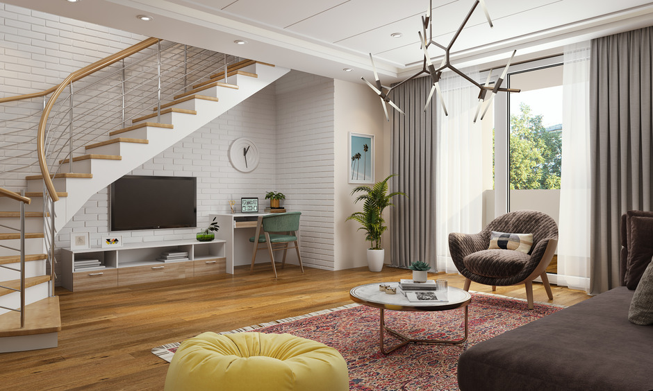 Modern duplex house interior by using bright colours and indian handicrafts