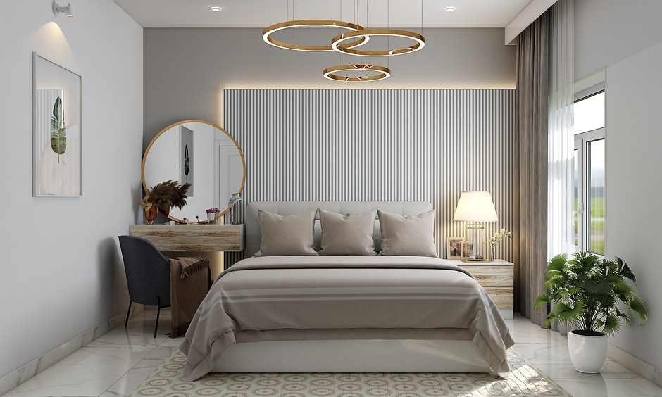 Modern luxury bedroom design in a neutral shade with statement lighting fixtures infuses the bedroom with depth and warmth