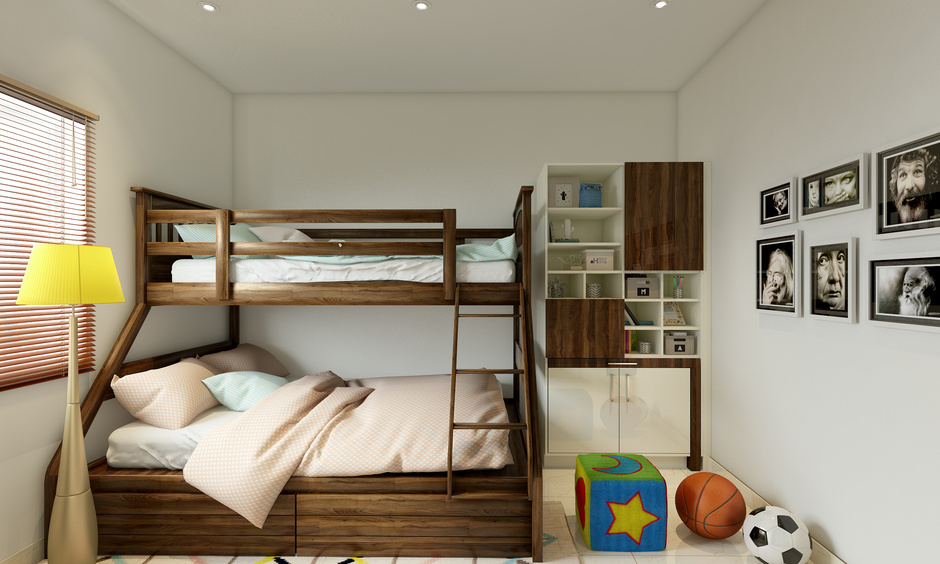 Open and closed bedroom cabinet design in bright accents