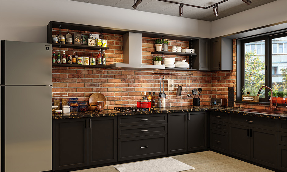 Red brick tiles for kitchen backsplash gives rustic look