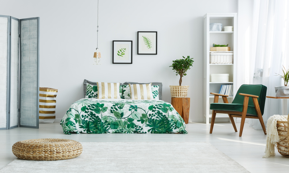 Simple bedroom interior design which has pops of colour