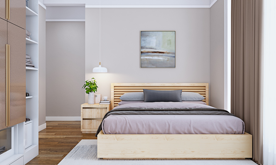 Simple bedroom interior design in indian style with laminate flooring