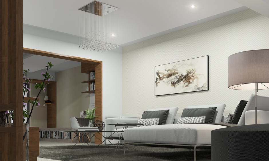 Small drawing room interior with profile lighting for smart lighting storage