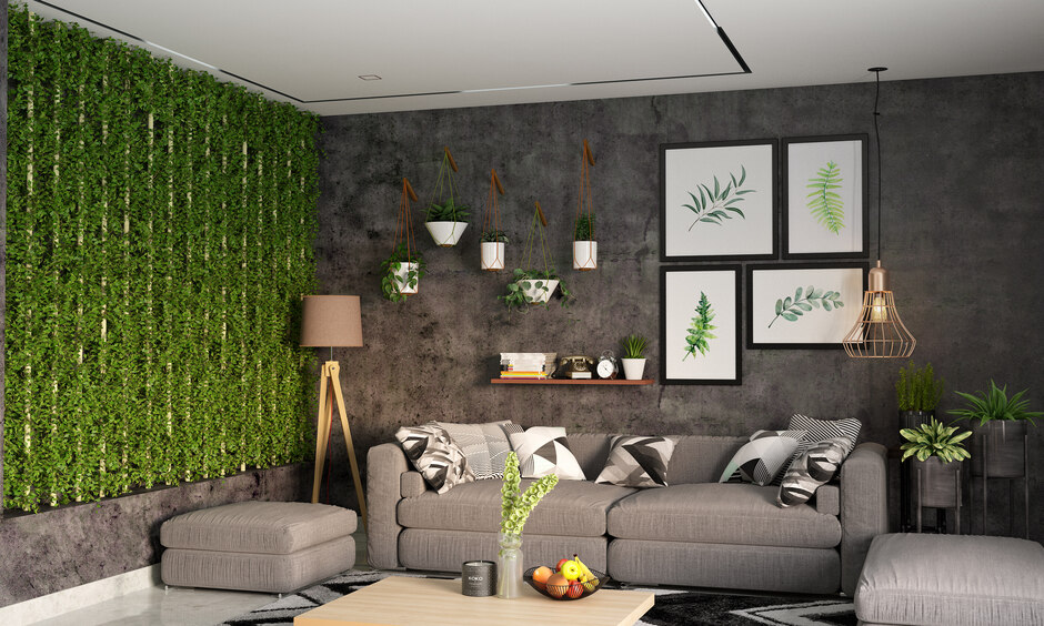 Small drawing room interior with vertical gardens or hanging plants