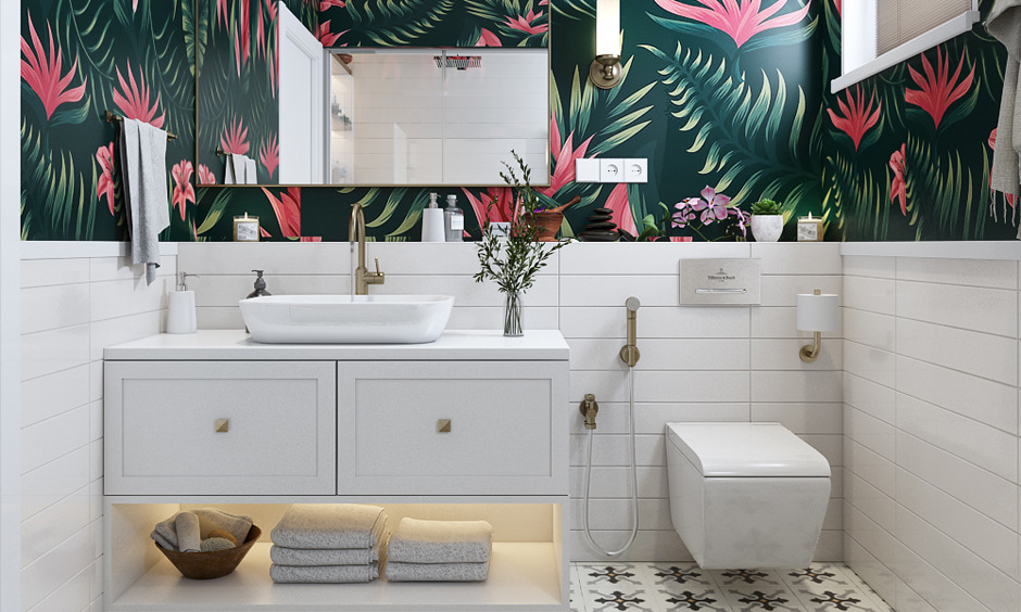 Luxurious white colour tiles for both walls and floors offer a soothing and clean vibe