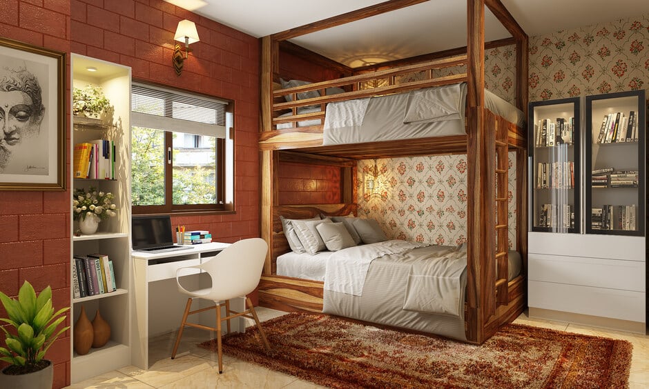 Bunk bed frames crafted from teak furniture designed in a stunning golden brown