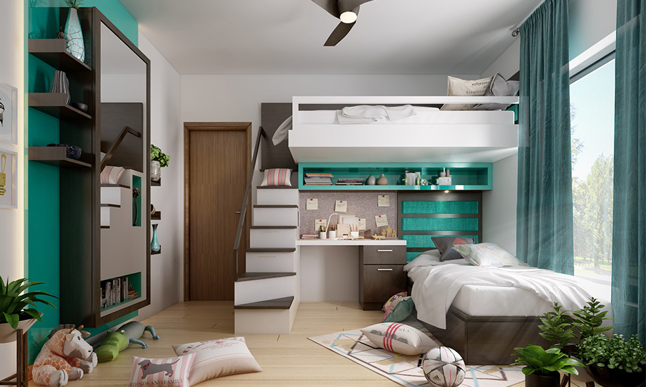 Bunk bed with desk and drawers integrated into stairs to maximise the space