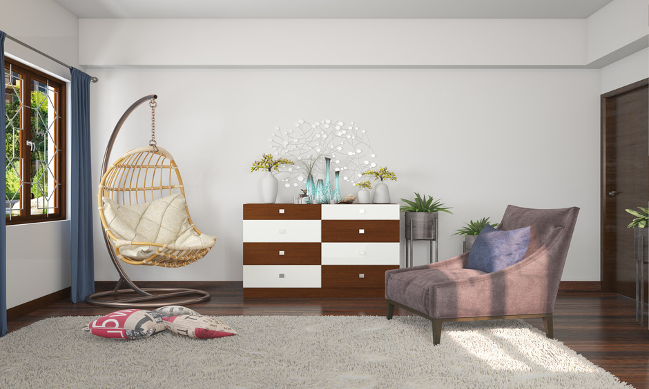 Cane hanging chair with stand to bring a natural touch to the space