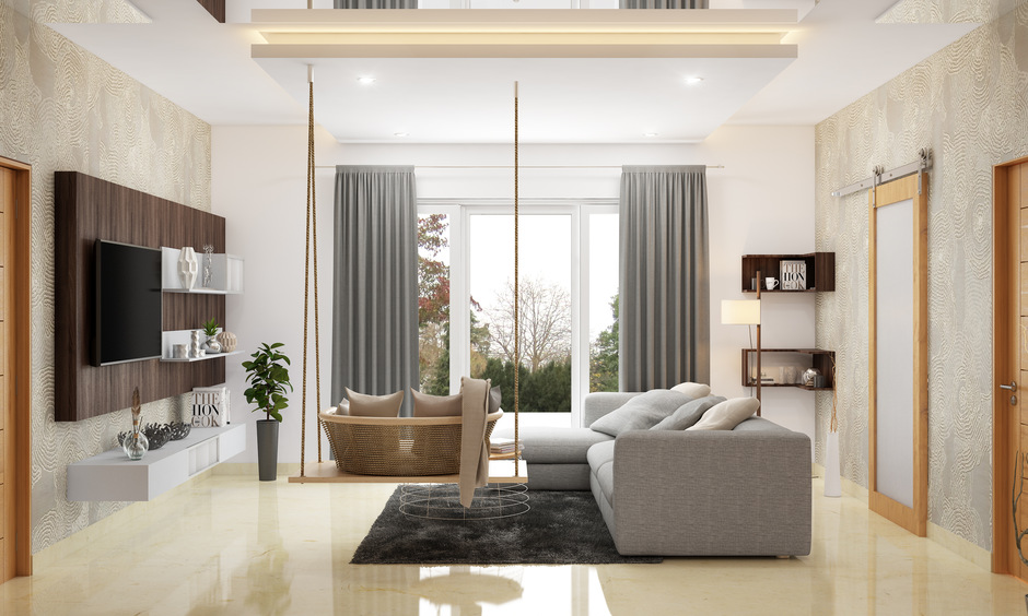 Backless ceiling-hanging chair in living room