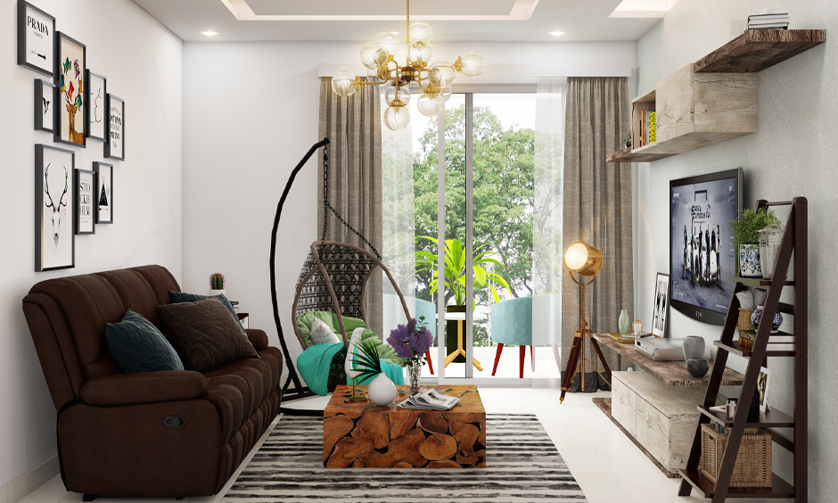 Living room with hanging swing chair provides distinctive focal point