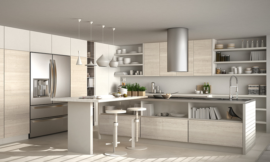 Contemporary kitchen features heavy-duty floating kitchen shelves made of metal pipes