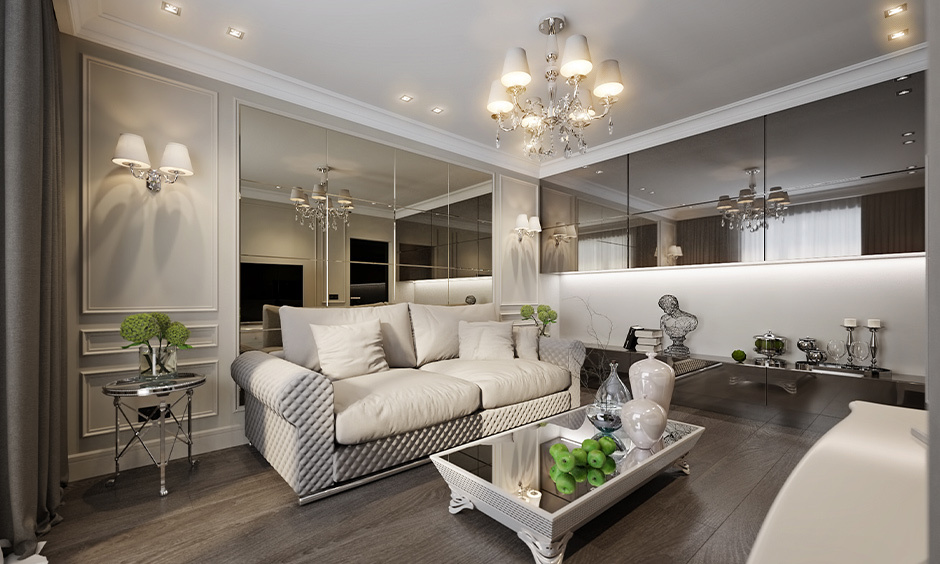 Reflective mirrored wall panels in living room create airy atmosphere