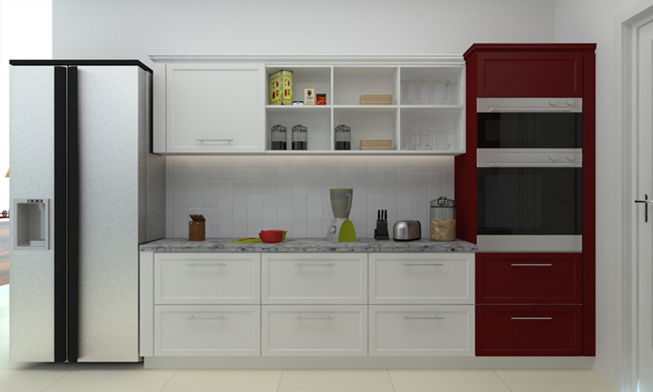 Minimalistic open floating kitchen shelves have a clean and basic look
