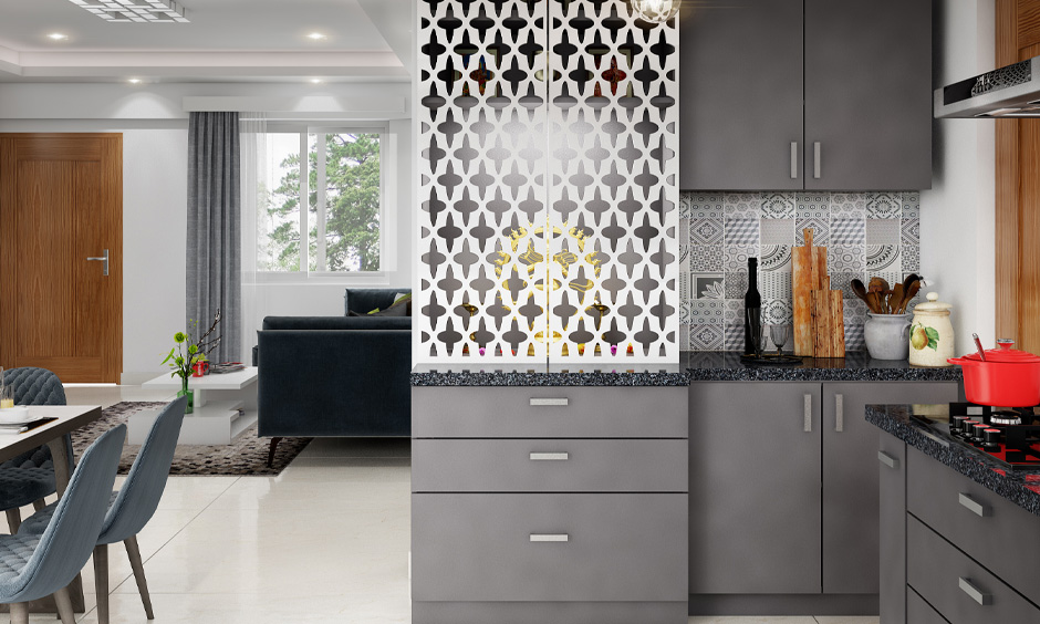 Modern crockery unit design with a mandir installed beside it