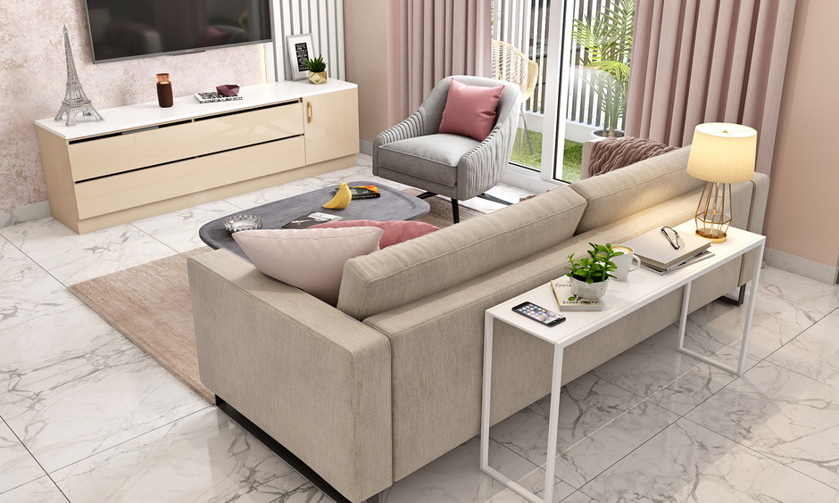 Modern sofa table design for a pink and grey living room