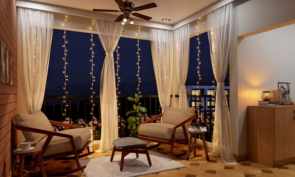 Cosy Indian coffee lounge with modern teak furniture chairs