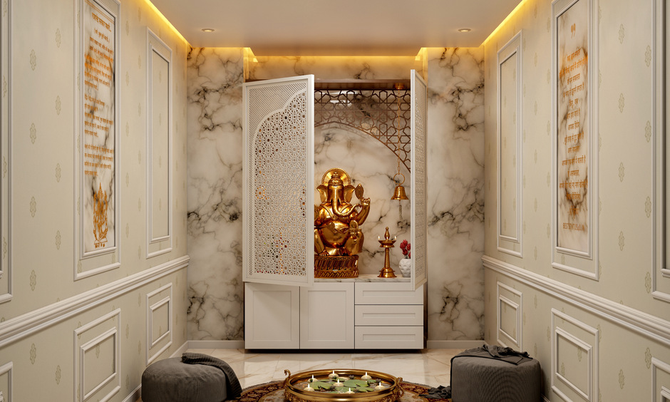 White marble pooja ghar design in living room