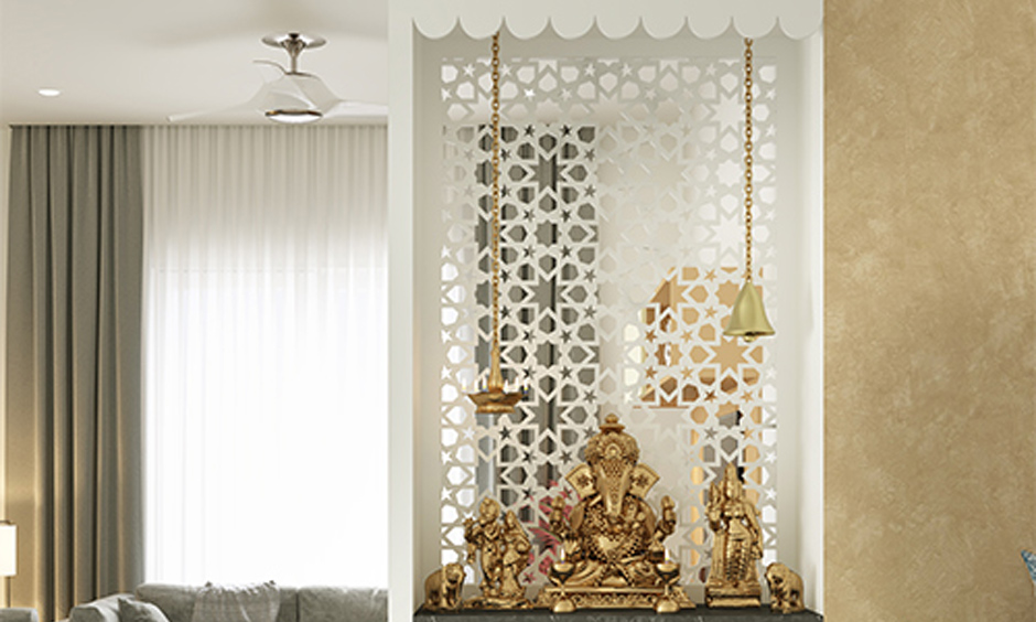 Vertical pooja room design in living room