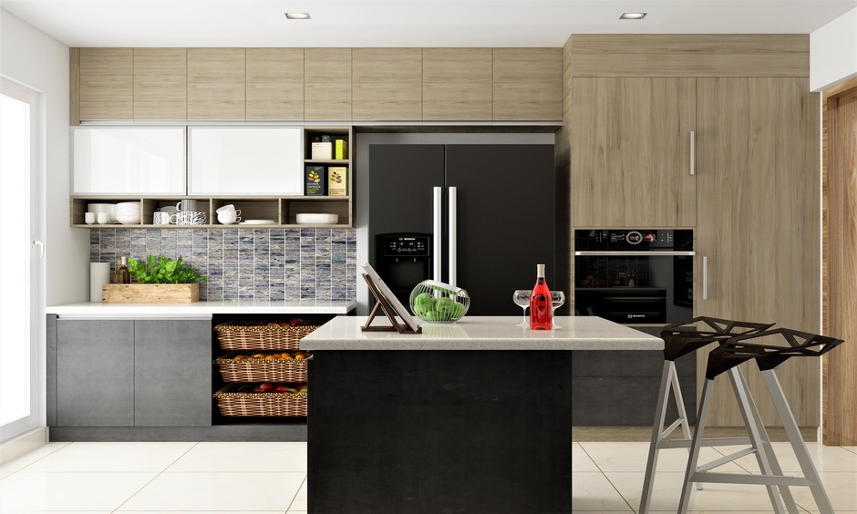 Small kitchen color combination with brown upper cabinets and grey lower cabinets creates dynamic visual effect