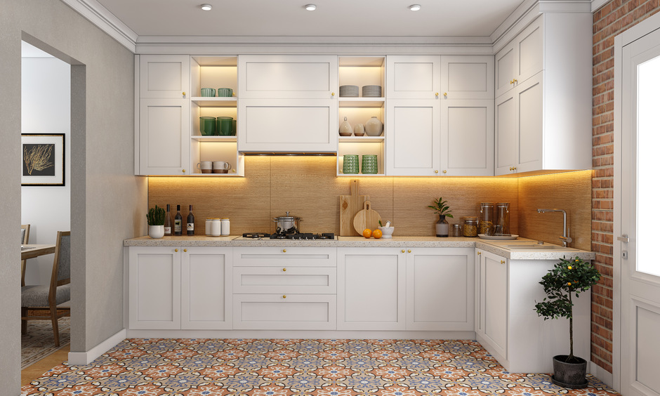 Minimalistic designed small kitchen entrance with functionality