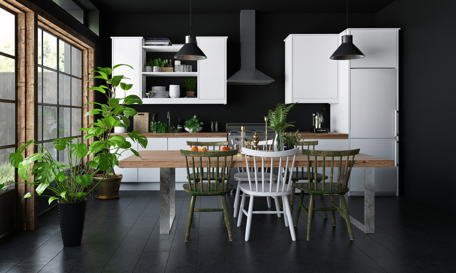 Floating shelves above kitchen sink which are space saving and efficient