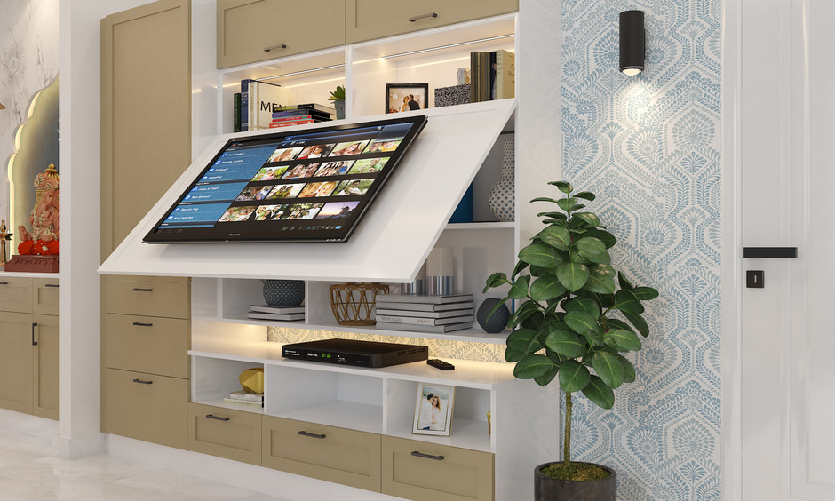 180-degree rotating TV stand with inbuilt hidden storage
