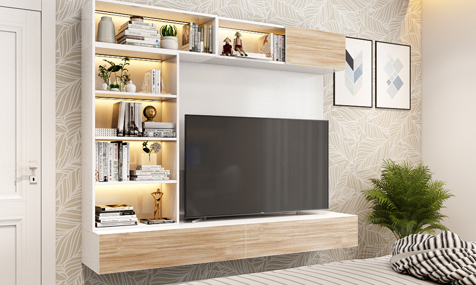 Bedroom TV cabinet design with bookshelf for small spaces