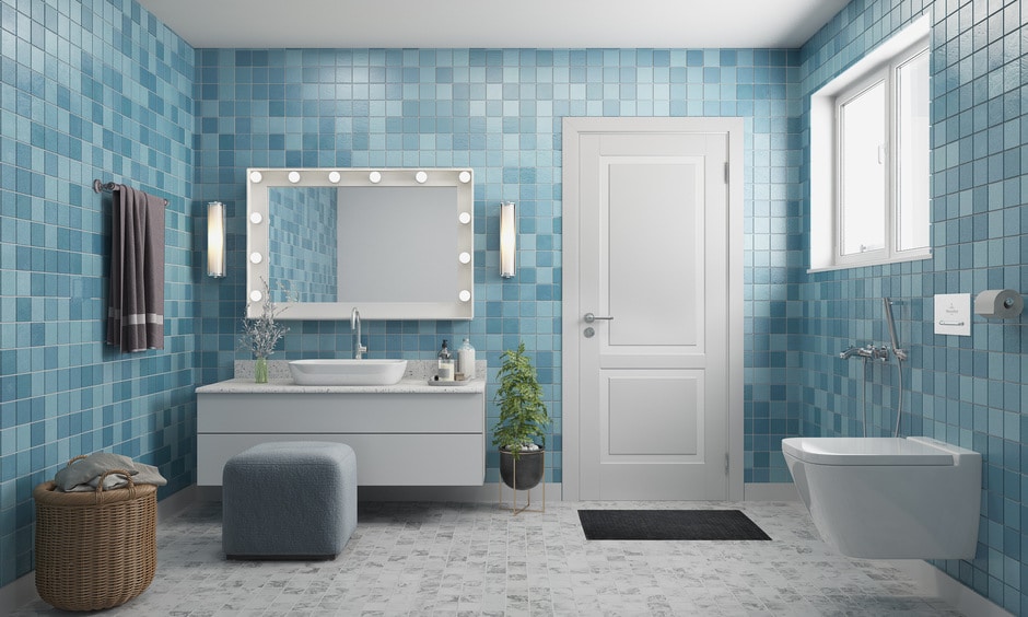 Blue bathroom tile design with different shades infuses a stunning and calm feel