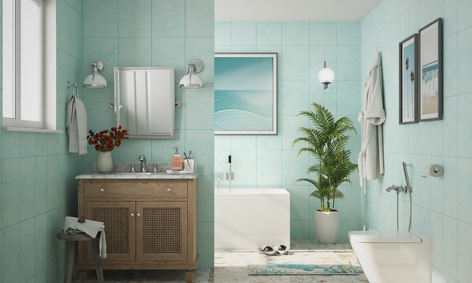 Blue bathroom wall tiles create a calm yet elegant retreat