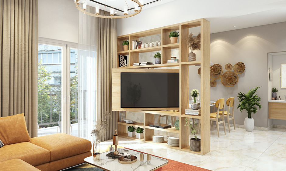 Rotating wooden TV unit design separates the living and dining areas