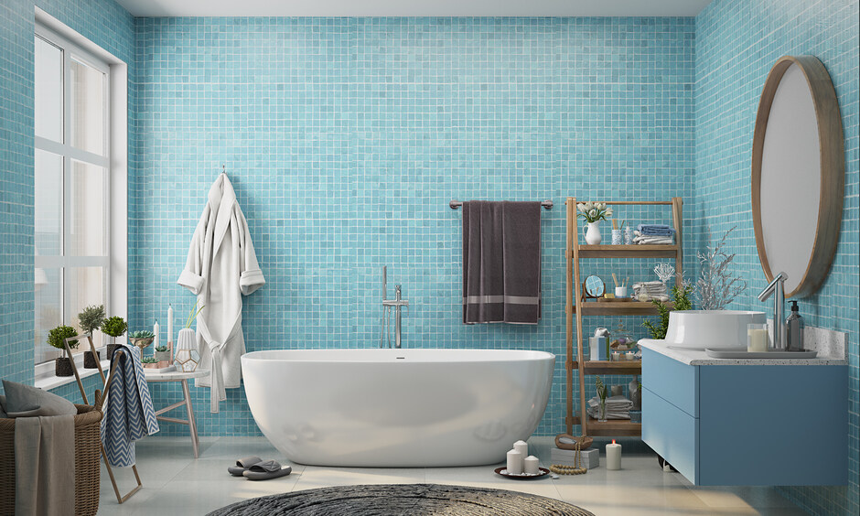 Floor-to-ceiling blue bathroom tiles for a touch of luxury