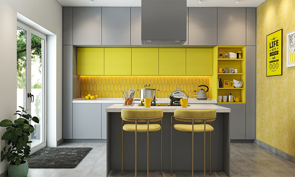 Honeycomb patterned kitchen dado tiles designed in yellow colour