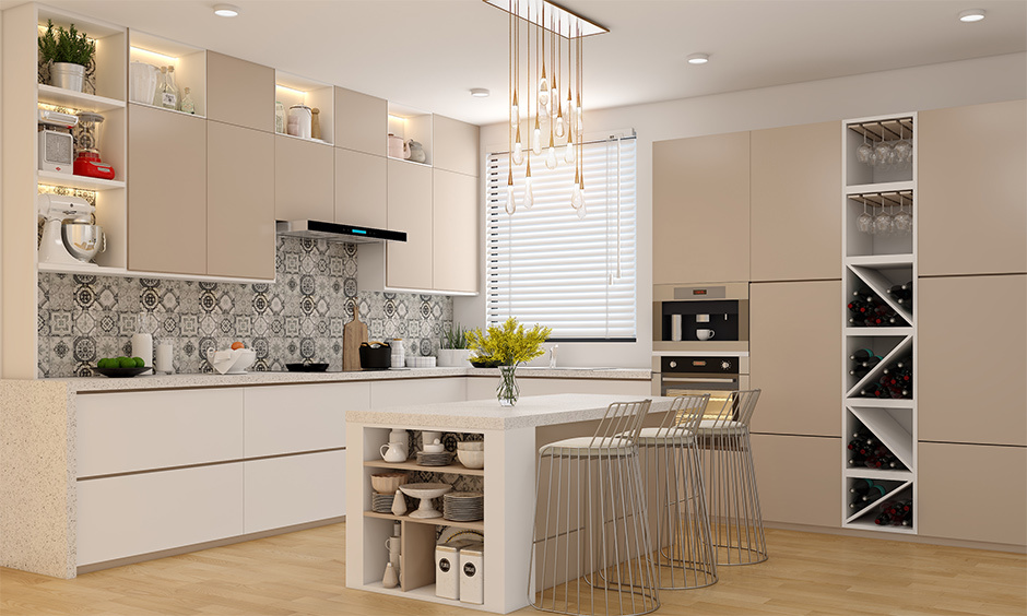 Light and dark grey dado kitchen tiles elevate the aesthetics of the space