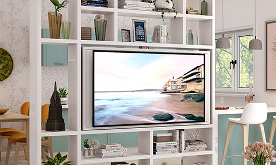 Minimalist 360-rotating TV stand in a white laminate finish