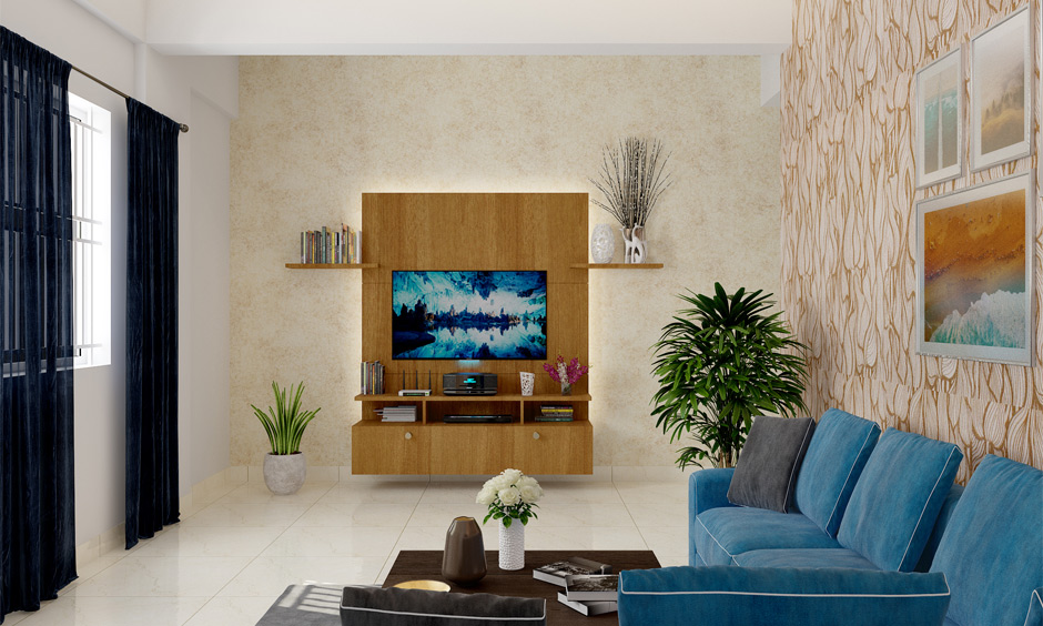 Floating modern console table with ample storage space in living room