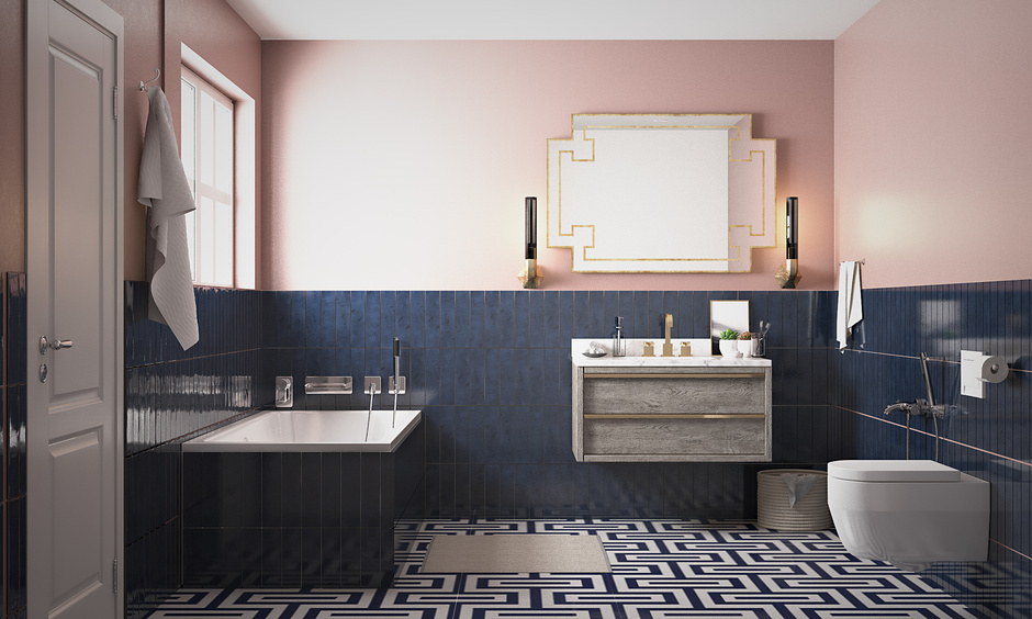 Navy blue bathroom tiles add boldness and richness to a quiet ambience