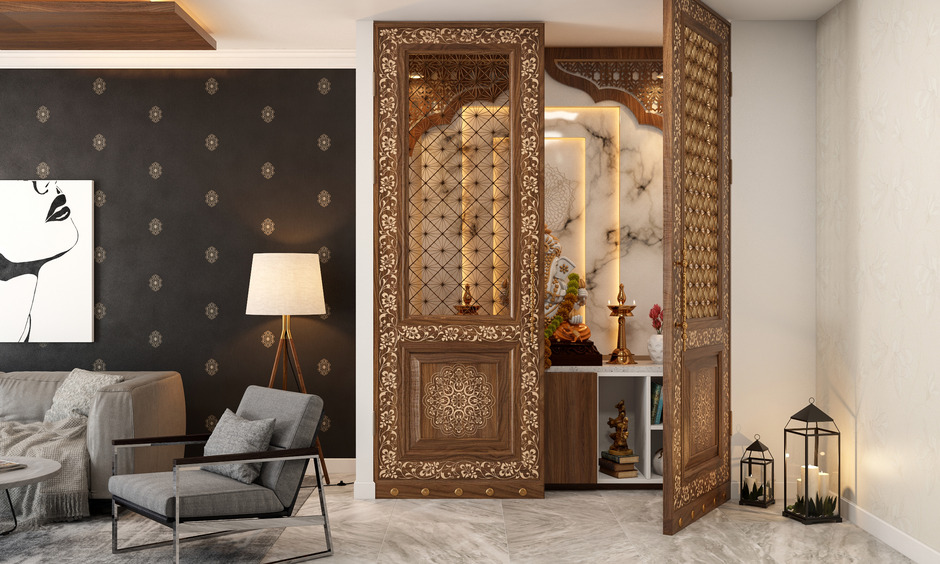 Pooja room ideas in hall seamlessly combine traditional and modern elements