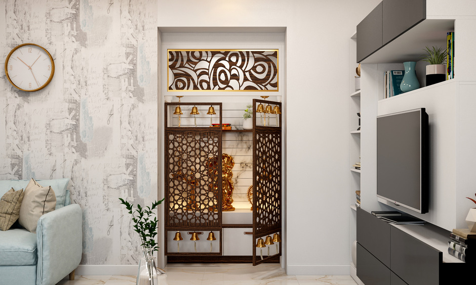 Pooja shelf door design adorned with an intricate floral pattern, hand-carved into rich mahogany wood