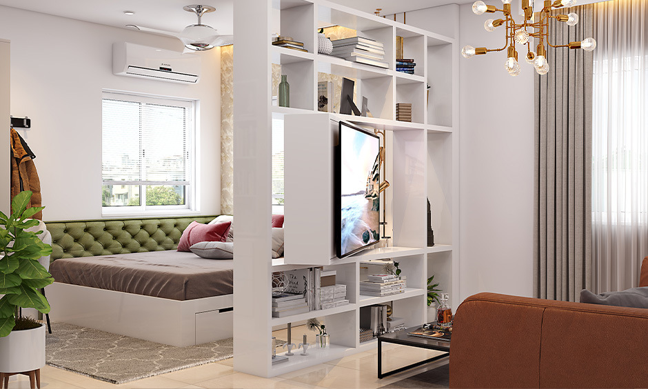 Space-saving rotating TV stand room divider between bedroom and living room