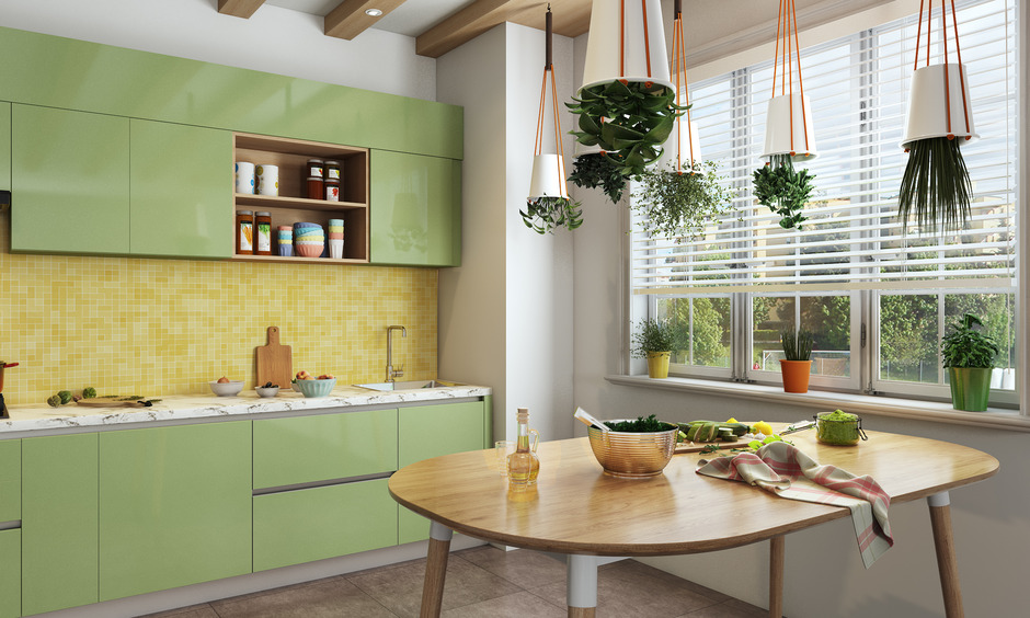 Yellow chequered dado kitchen tiles infuse a sense of vibrancy and warmth