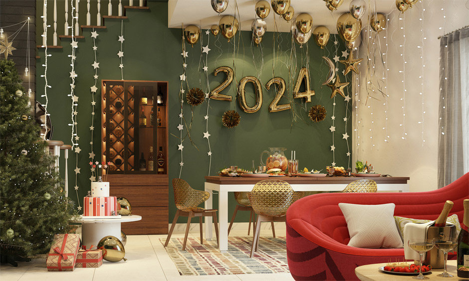 New Year decoration ideas with a glittery champagne glasses, and sticky labels