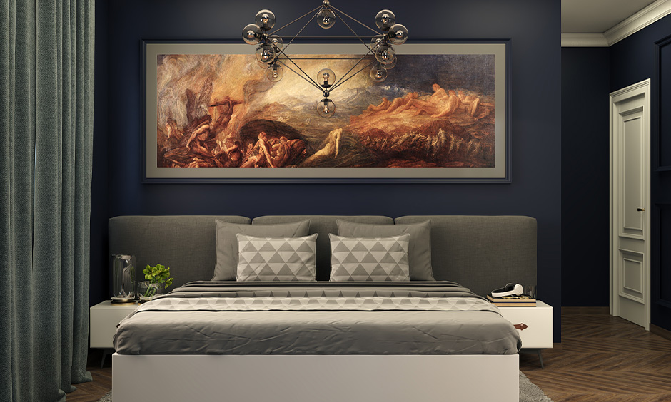 Aesthetic bedroom colour in deep blue with toned-down sea-green blinds infuses timeless charm